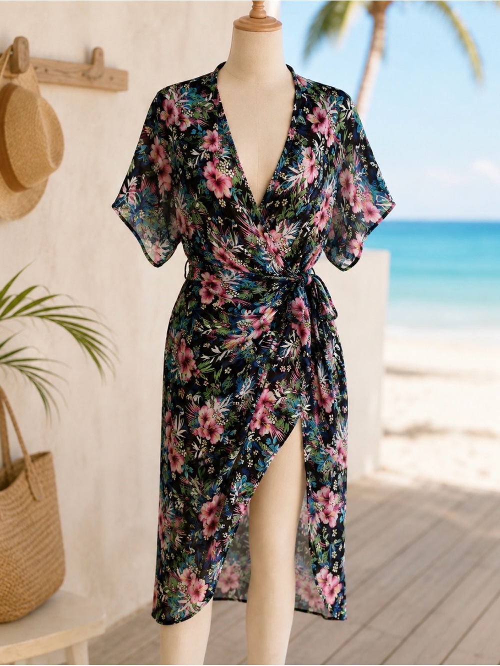 Black Floral Wrap Swim Coverup with Pink Blossoms